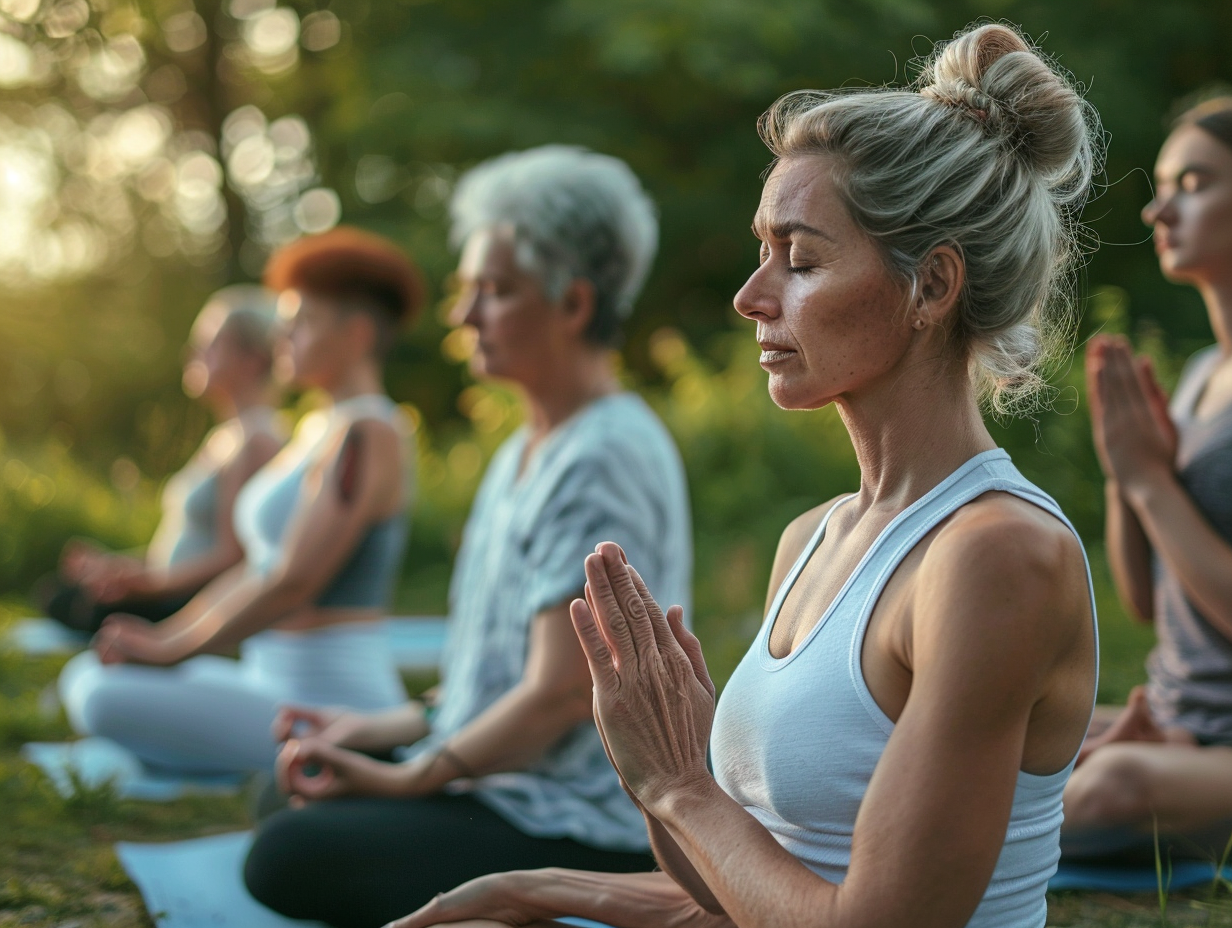 Молода жінка в позі лотоса під час заходу сонця